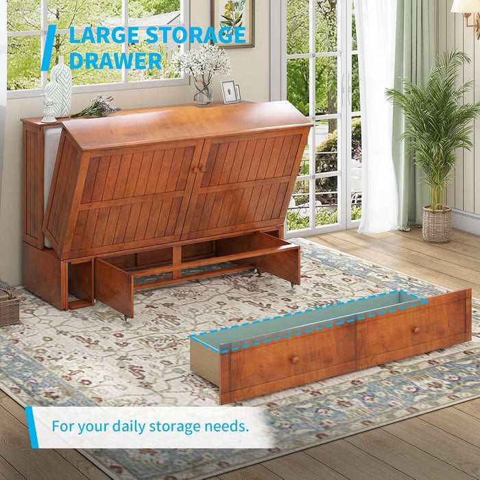 Queen Murphy Bed, Murphy Cabinet Bed with Tri-Folding Mattress and 2 Storage Drawers, Modern Cube Cabinet Beds with Built-In USB Charging Station for Living Room/Apartment, Cherry