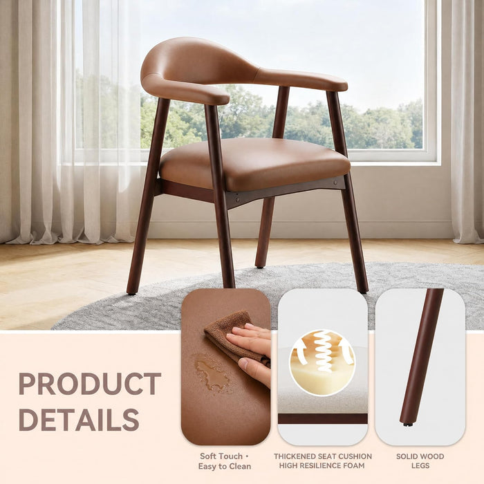 Leather Dining Chair with Armrest Set of 4, Upholstered Dining Room Chair with Curved Back and Wood Legs, Mid Century Modern Kitchen Chairs for Kitchen Dining Room,Brown