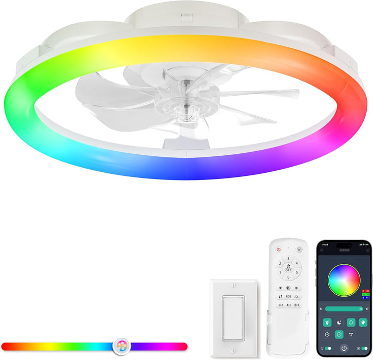 RGB Low Profile Ceiling Fans with Lights and Remote, 20 Inch Dimmable Modern Ceiling Fan(3000K-6000K), 6 Speed, Reversible, APP & Remote Control, Flush Mount Fan Light, White RGB Ceiling Fans