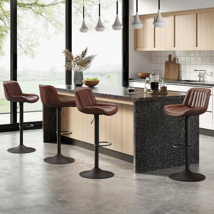 Bar Stools Set of 2, Mid Century Modern Faux Leather Swivel Barstools Adjustable Height, Counter Height Pub Bar Chair with Back, Black Powder Coated Base, Cognac