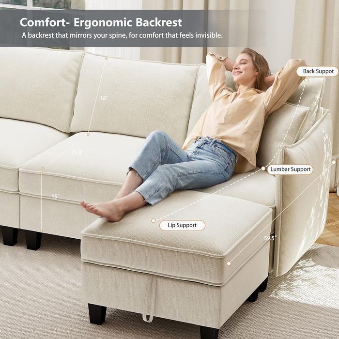 112-Inch Modular U-Shaped Sectional Beige Sofa Ottomans
