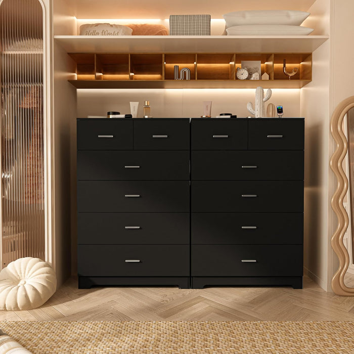 Black Contemporary Six Drawer Dresser With Outlets