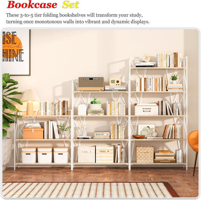 No Assembly Wide Folding Bookshelf, 34" H X 30.9" W, 3 Tier Foldable Book Shelf Industrial Bookcase, Vintage Collapsible Storage Shelves for Home Office Living Room Bedroom, Light Oak White