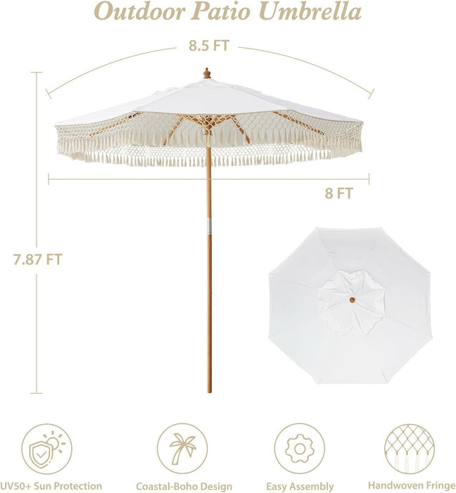 8.5Ft Luxury Premium Boho Patio Umbrella Wood Pole Fancy Bali-Style Outdoor Umbrellas UPF 50+ Sun Protection with Pulley Lift Air Vent Tassel Fringe for Garden, Pool, Deck, Beach, Backyard, Events