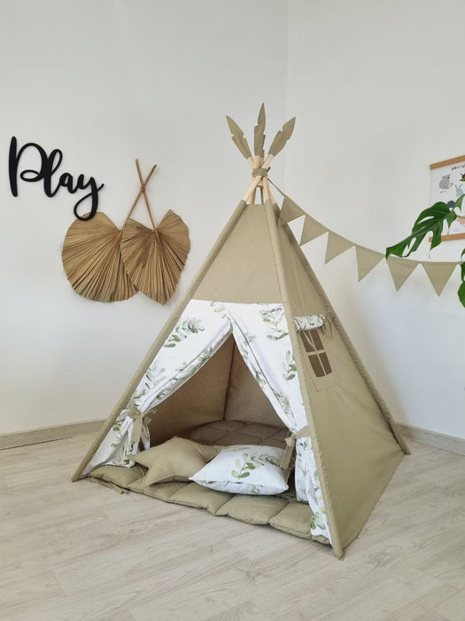 Olive Green Teepee Tent for Kids | Toddler Playhouse with Neutral Teepee Design | Indoor Playzone for Boys & Girls