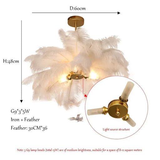 Luxury LED Ostrich Bird Feather Chandelier Lamp White Living Room Ceiling Light Home Decoration Hanging Lighting Fixture