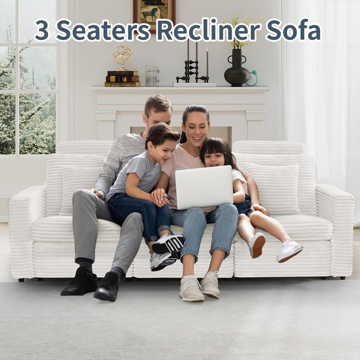 Recliner Sofa, 3 Seater Reclining Sofa with Pillows & Side Pockets, Comfy Corduroy Power Recliner Sectional Couches for Living Room, Apartment, Home Theater (White)