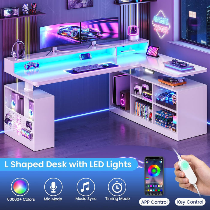 L Shaped Electric Standing Desk, 63 Inch Height Adjustable Corner Computer Desk with Storage Shelves and LED Lights, Corner Gaming Desk with Power Outlet and Pegboard for Home Office, White