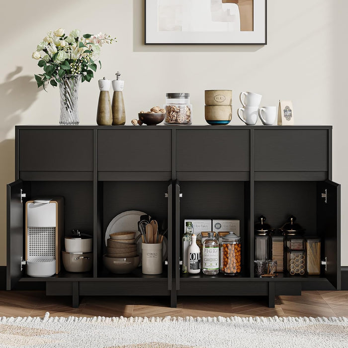 Black Sideboard Buffet Cabinet, 55" Mid Century Buffet Cabinet with 4 Drawers and 4 Doors, Wooden Coffee Bar Table for Kitchen