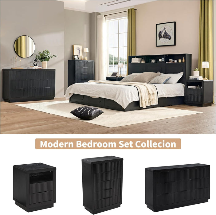 Black Dresser with Thickened Curved Profile Design, 52" Modern Chest of Drawers with 8 Drawers, Wooden Dresser TV Stand, Organizer for Bedroom, Living Room, Hallway