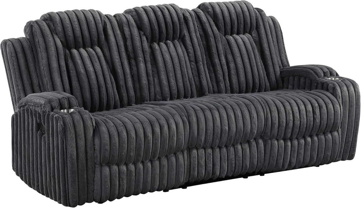 Manual Double Reclining Sofa, Corduroy Wall Hugger Manual 3 Seater Recliner Couch, Padded Armrests, Cup Holders for Living Room, Home Theater, Easy Assembly, Dark Gray