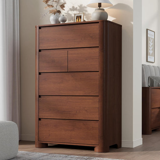 Walnut Dresser for Bedroom with 6 Drawers, 48" Tall Modern Chest of Drawers with Unique Thickened Foot, Rounded Corner Design, Wooden Dresser Organizer for Bedroom, Living Room, Hallway