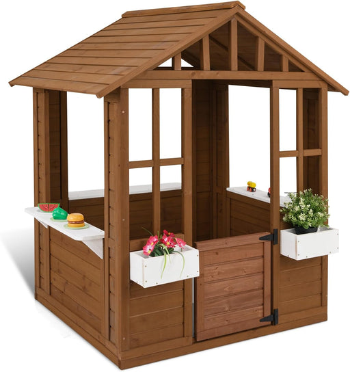 Outdoor Playhouse, Wooden Kids Play House with Half Door, Windows, Flowerpot Holders, Outdoor Garden Games Cottage, Playhouse for Backyard, Lawn, Patio, Gift for Toddelrs Boys Girls