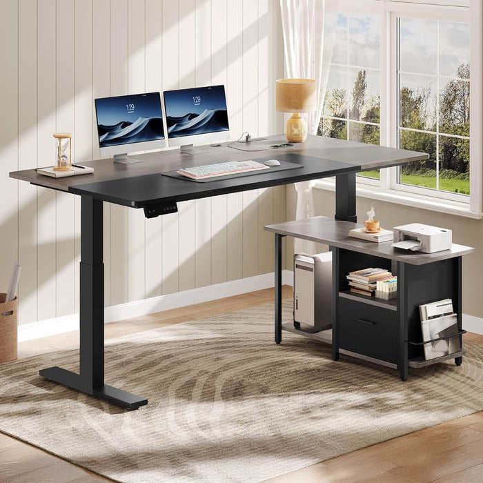 L Shaped Standing Desk with Power Outlets, 70.1" Electric Standing Desk Adjustable Height Sit Stand Corner Standing Desks Executive Desk with Drawers & Shelves, Grey + Black