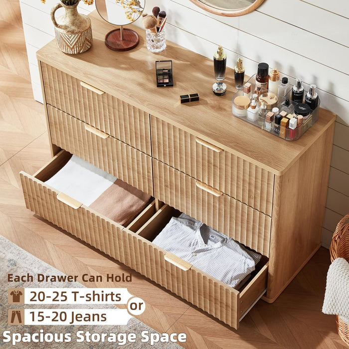 Fluted 6 Drawers Dresser for Bedroom, 48" Wide Modern Chest of Drawers with Metal Handle, Natural Curved Profile Farmhouse Closet Organizer Wood Dressers TV Stand for Living Room, Hallway