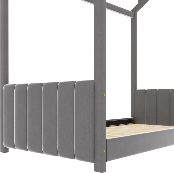 Twin Velvet Playhouse BedFrame NoBoxSpring Grey Finish