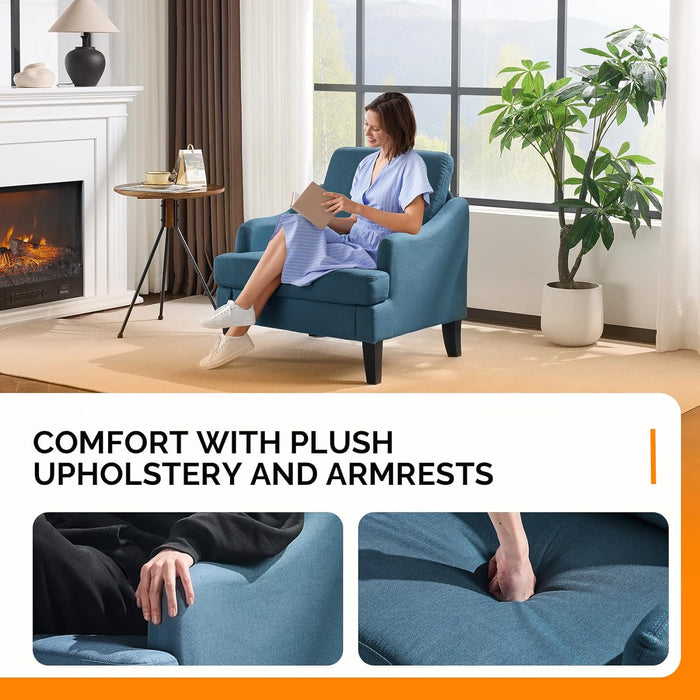 Linen Fabric Accent Chairs Set of 2, Navy Blue Modern Upholstered Armchair, Comfy Sofa Chair Living Room Bedroom Furniture for Apartment