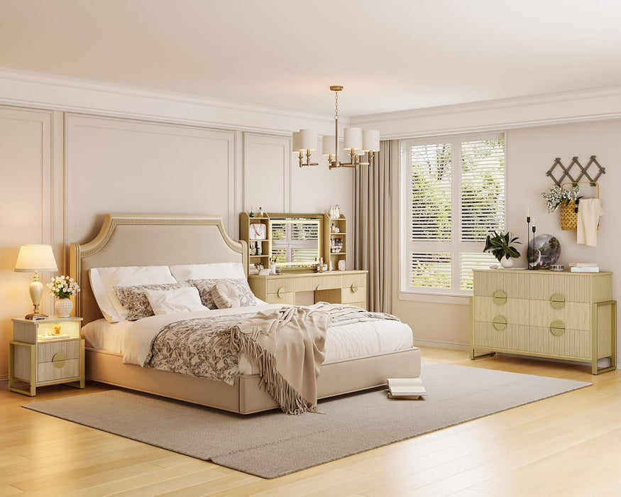 Fluted Vanity Desk, 60" Makeup Vanity with 32" Mirror and Lights, Modern Glass Top Vanity Table with 9 Drawers & 8 Open Shelves, Dressing Table Set W/Charging Station for Bedroom,Oak