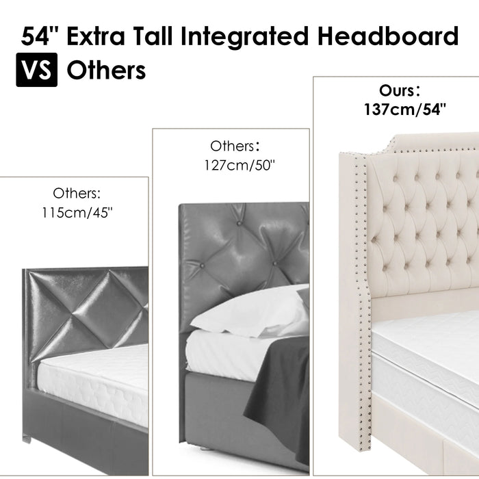 54" Tall Headboard Bed Frame with Wingback, Queen Size Bed with Tall Headboard, Velvet Deep Button Tufted Tall Upholstered Bed with Footboard, Off-White