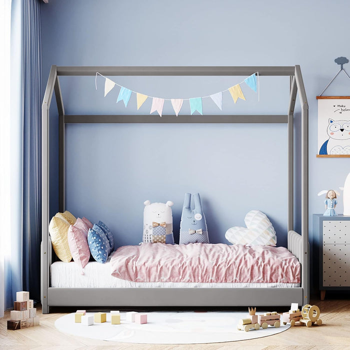 Twin Velvet Playhouse BedFrame NoBoxSpring Grey Finish