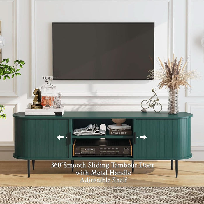 70" Modern TV Stand with Tambour Door for Tvs up to 80", Entertainment Center with Storage, Fluted Television Consoles for Home, Living Room, Green
