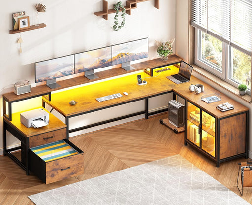 78.7” Large L Shaped Desk with Storage Drawers, Office Desk with File Drawer and Display Cabinet, L Shaped Gaming Desk with Storage, Power Outlet and LED Lights for Home Office, Rustic Brown