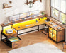 78.7” Large L Shaped Desk with Storage Drawers, Office Desk with File Drawer and Display Cabinet, L Shaped Gaming Desk with Storage, Power Outlet and LED Lights for Home Office, Rustic Brown