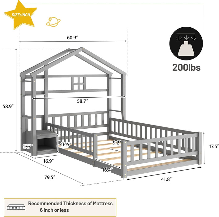 Twin House Bed With Fence Railings GrayFinishPineWood