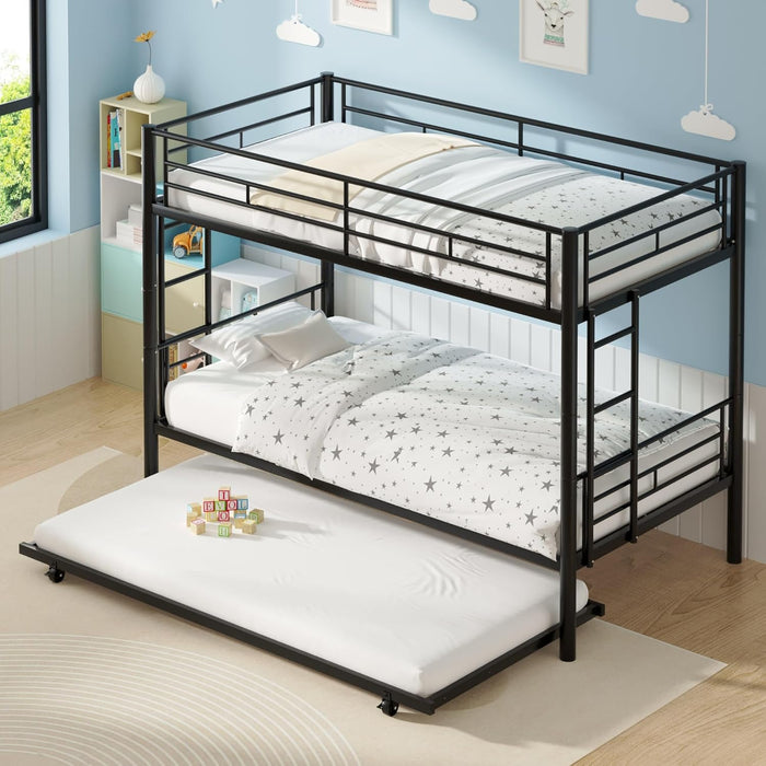 Twin over Twin Bunk Bed with Trundle, Metal Bunkbeds with Ladder and Full-Length Guardrail, Noise Free, No Box Spring Needed, Black