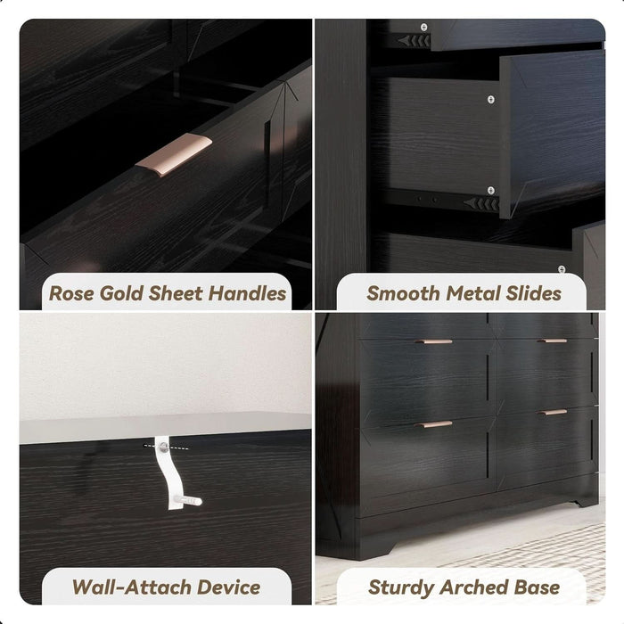 Modern 6 Drawer Dresser for Bedroom, Dresser Chest of Drawer with Large Drawers & Golden Handles, Wooden Dressers Drawer Storage Unit for Bedroom, Living Room, Closet (Black)