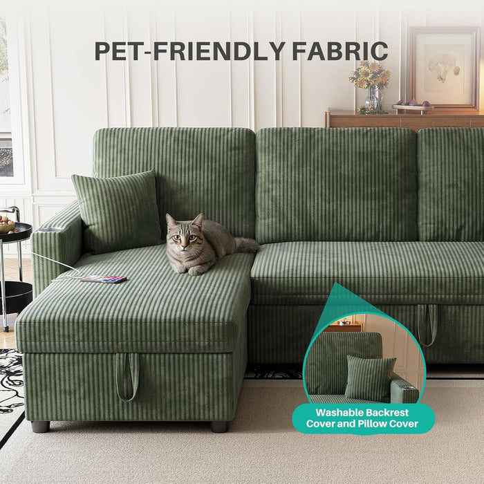Luxurious Corduroy Green 83-Inch Sleeper Sectional Sofa