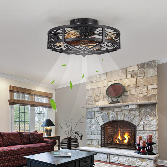 20" Caged Farmhouse Flush Mount Ceiling Fan with Light and Remote Control Bladeless Low Profile Ceiling Fans with Lights Enclosed Vintage Fan 6 Speed Reversible for Kitchen, Bedroom