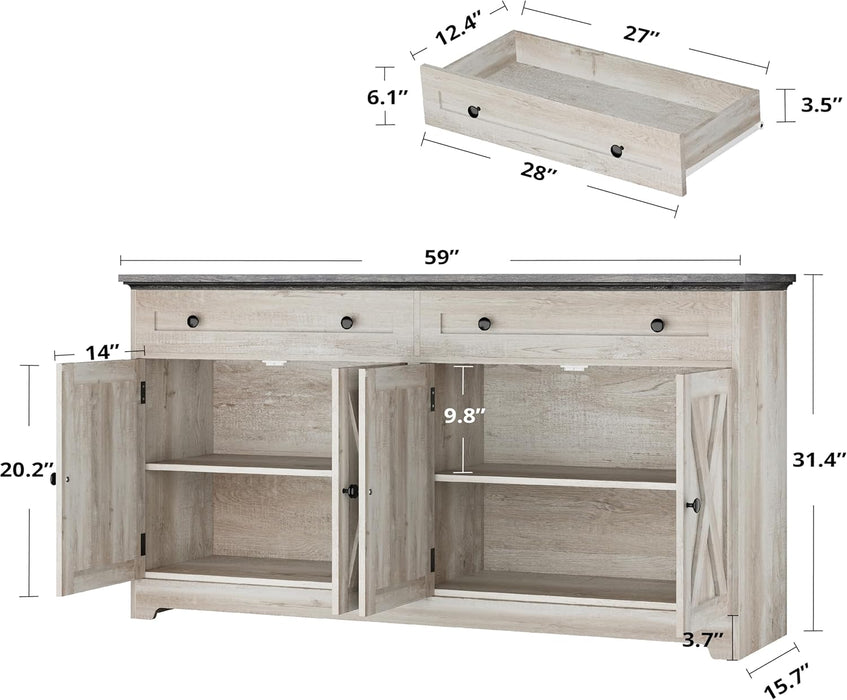 Buffet Cabinet with Storage, Sideboard Cabinet with Drawers & Doors | 2 Drawers, 4 Doors and 2 Adjustable Shelves. 59Inch Wide. Fsc-Certified Wood. Anti-Tip Device. Charcoal Grey and Beige Maple.