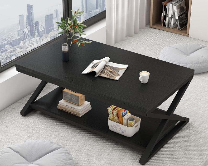 Black Coffee Table Modern, 47 Inch Simple Rectangle Cocktail Table with Storage Display Shelf, 2 Tier Minimalist Industrial Wooden and Metal Center Tea Table for Living Room Office, Black Oak