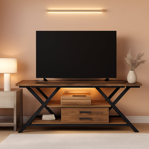 TV Stand with Power Outlet and LED Lights, Fits Tvs up to 65”, 2 Fabric Drawers Entertainment Center with Open Storage Shelves, Media Console for Living Room, Bedroom (Rustic Brown)