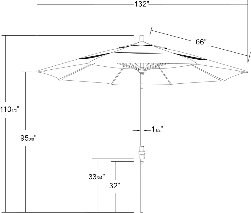 11' round Crank Lift, Collar Tilt, Aluminum Pole, Fiberglass Rib Patio Umbrella, Black Finish, Black