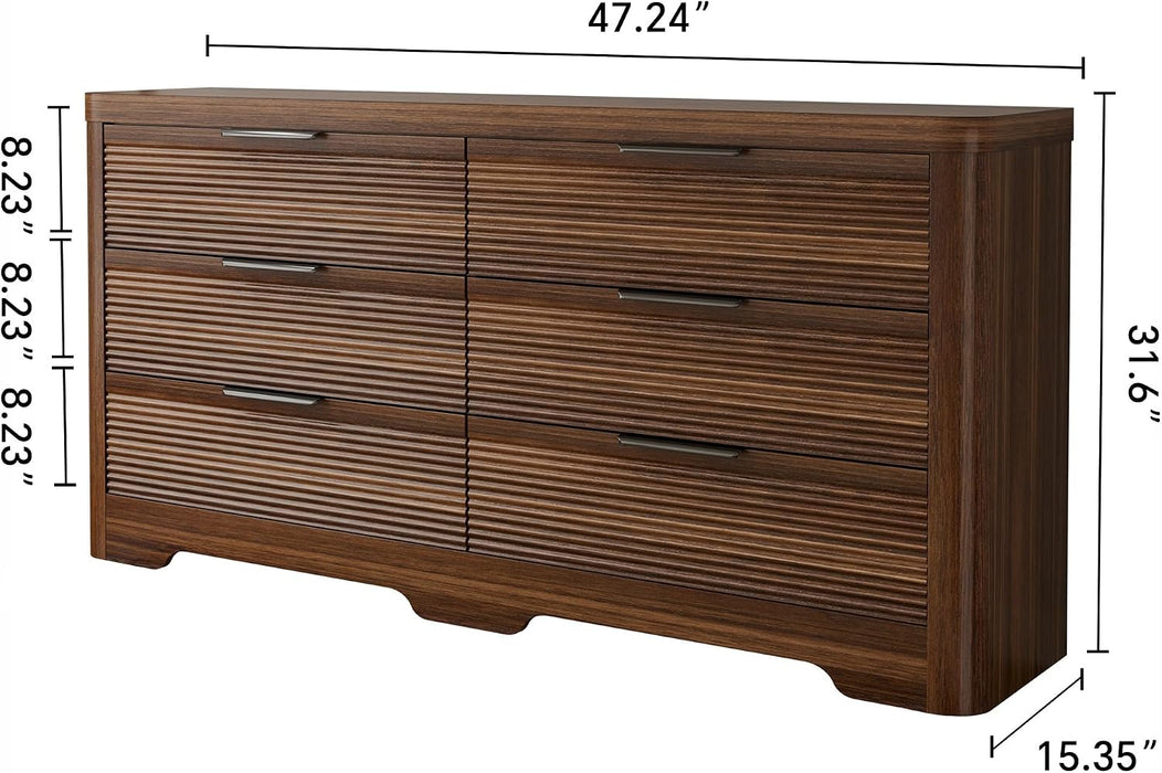 Fluted 6 Drawer Wood Dresser,Farmhouse Chest for Bedroom Entryway,Walnut