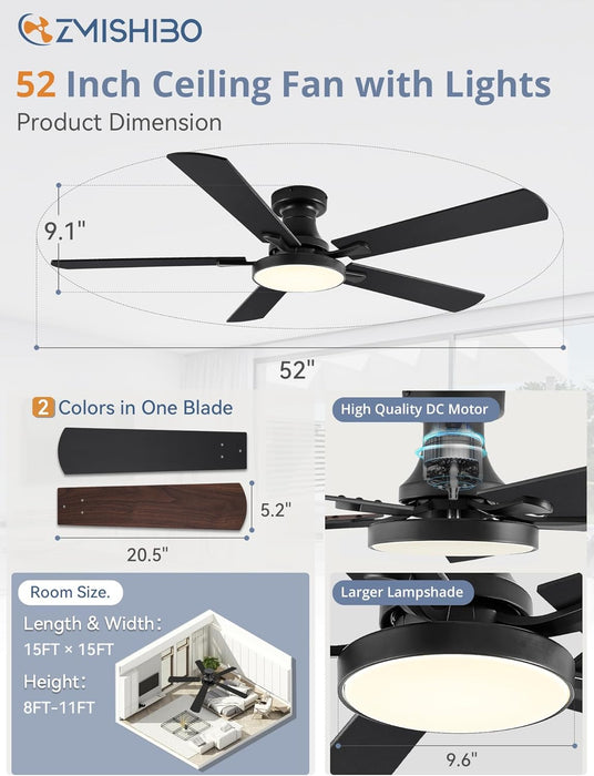 52 Inch Ceiling Fans with Lights, Flush Mount Low Profile Ceiling Fan with 6 Speeds & 3CCT, Smart Remote&App Control, Dimmable 24W LED Light, Quiet DC Motor for Living Room Bedroom,Black