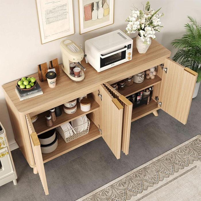 63" Fluted Sideboard Buffet Cabinet with Storage, Modern Curved Wood Credenza Media Console, Heavy Duty Coffee Bar Station with Adjustable Shelves for Kitchen, Living Room, Natural