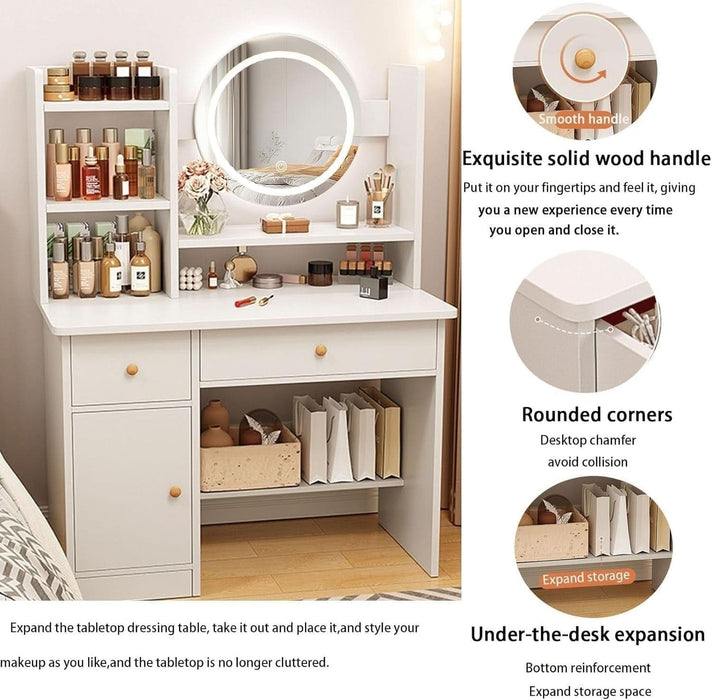 Dressing Table,Makeup Table with Drawers, Vanity Desk with Mirror and Led Lights,3 Lighting Mode,Makeup Vanity Desk,Multifunctional Makeup Writing Desk for Bedroom (80CM)