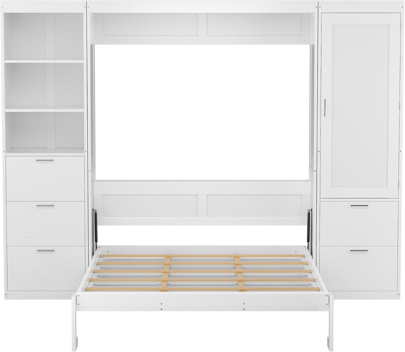 Queen Size Murphy Bed with Wardrobe and Storage Drawers & Storage Shelf,Wall Bed Frame Folding into Cabinet Design for Small Space,Bedroom,Guest Room,White