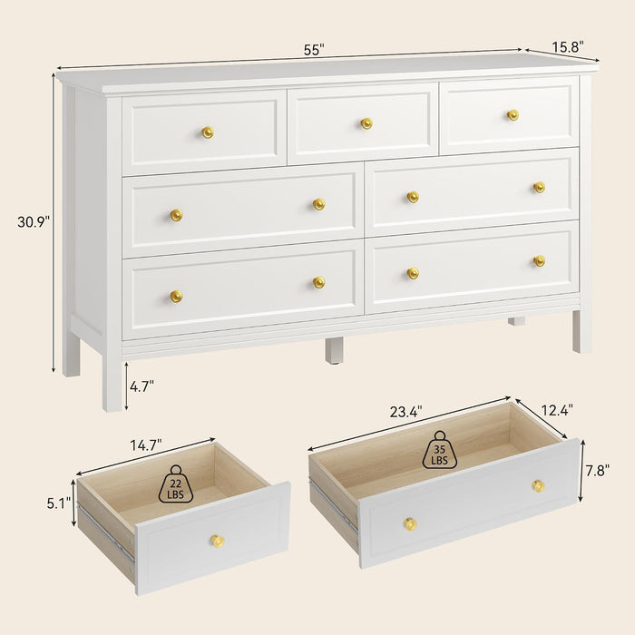 55" White Dresser for Bedroom with 7 Drawers & Modern Gold Handle