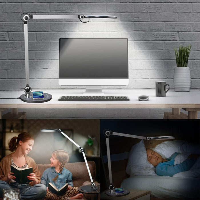 Desk Lamp,Led Architect Desk Lamp,Desk Lamps for Home Office,Table Lamp with Wireless Charger & Adjustable Swing Arm,Touch Control, 3 Lighting Mode,5 Brightness,Eye-Caring Office Lamp
