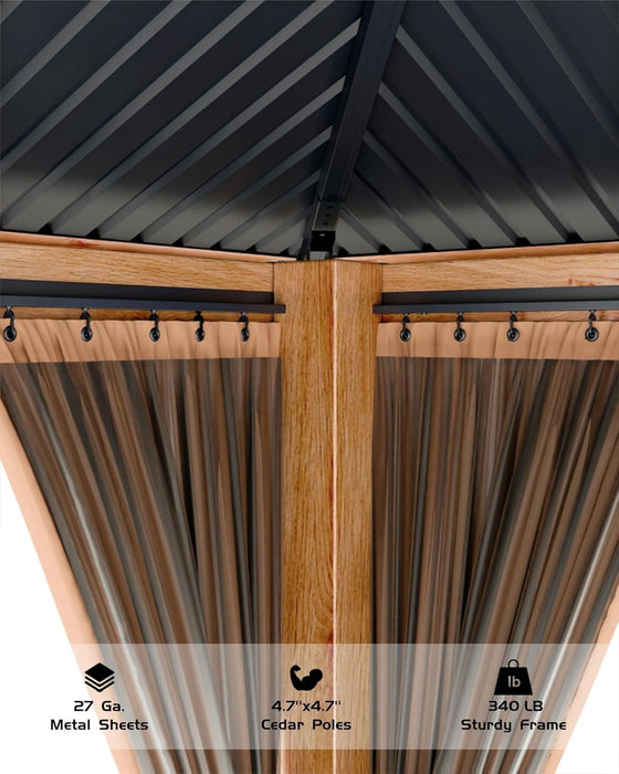 10X12 Ft Hardtop Wood Gazebo for All Weather, Double Metal Roof, Heavy Duty Cedar Frame, Curtains & Netting, Permanent Outdoor Pavilion for Patio, Deck, Backyard, Lawn, Garden, Khaki