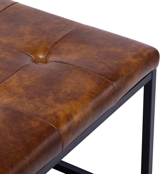 Square Ottoman Coffee Table, Faux Leather Ottoman Foot Rest Upholstered Button Tufted Ottoman for Living Room with Metal Frame, Yellowish Brown & Black Base