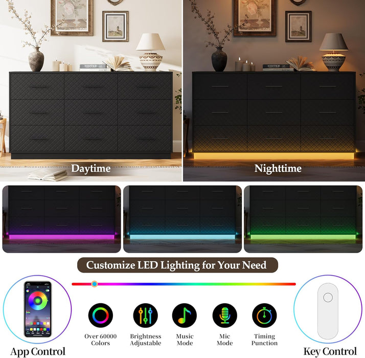 9 Drawers Dresser for Bedroom, 58” Wide Modern Chest of Drawers with Diamond Panel, Anti-Tipping Device, Wood Stable Storage Organizer for Bedroom, Nursery, Living Room