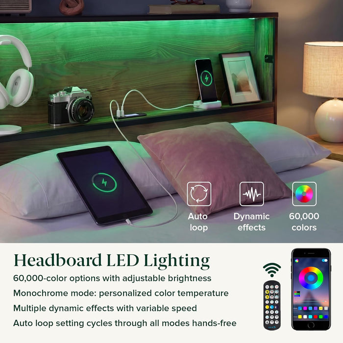Kai Platform Bed Frame, RGB LED Lights, USB Charging Station, Queen