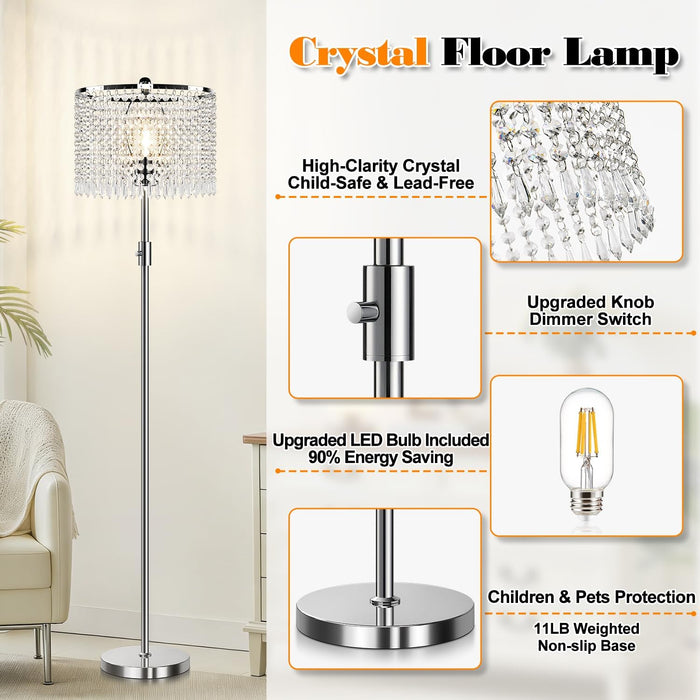 【Upgraded】 Dimmable Crystal Floor Lamps for Living Room, 1000LM LED Bulb Included, Standing Lamp with Knob Switch, Tall Silver Modern Floor Lamp for Bedroom Nursery Office Reading