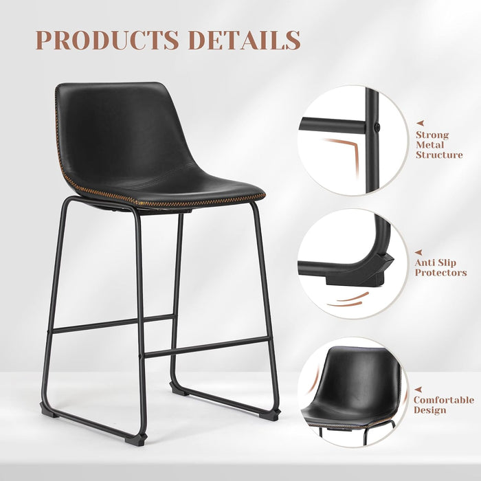 Bar Stools Set of 2, Faux Leather Barstools with Metal Legs | Counter Height 30 Inch Design, Armless with Back, Comfortable, Modern Finish, Kitchen Island, Black