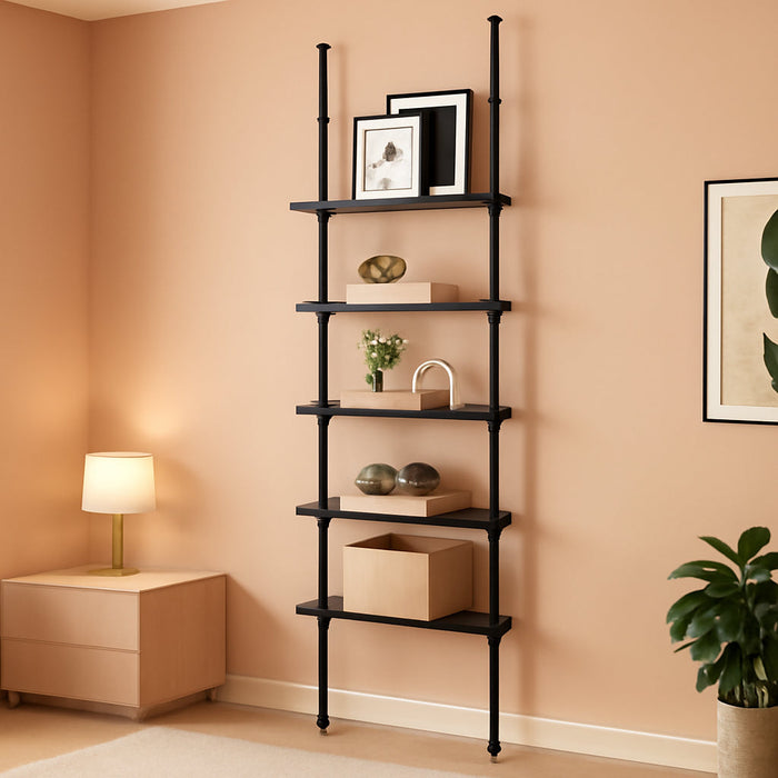 5 Tiers Narrow Bookshelf, Tall Adjustable Ladder Book Shelf with Open Storage, Floor to Ceiling Tension Mount, Wooden Industrial Bookcase for Living Room, 92 to 116 Inch, Black